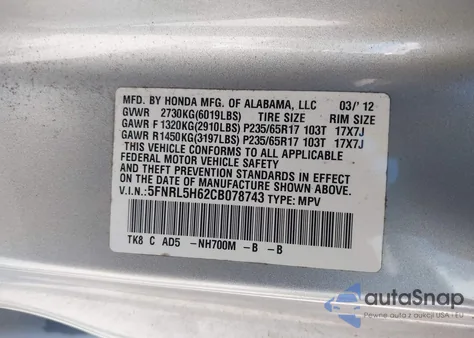2012 Honda Odyssey Ex-L z USA, uszkodzony, nr VIN 5FNRL5H62CB078743